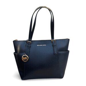 Michael Kors Jet Set Large Crossgrain Leather Top-Zip Tote Bag Black/Gold 15x10